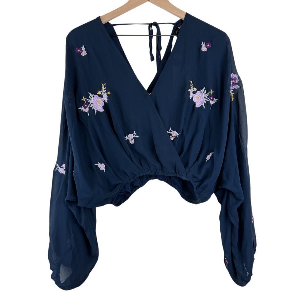 NWT Jacquie The Label Navy Floral Embroidered Cropped Blouse